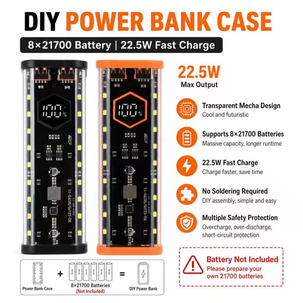 Diy Electronics Hobby - 8*21700 กล่องใส่แบตเตอรี่ 22.5W ชาร์จเร็ว DIY กล่องเก็บแบตเตอรี่